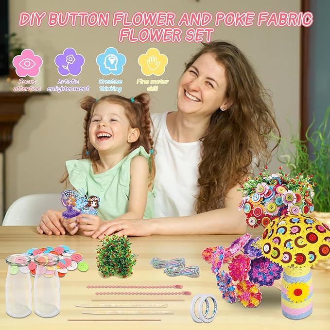 Mostop DIY Flower Crafts Kit for Kids Ages 6-10, DIY Flower Bouquet Craft Kit with Buttons, Felt Flowers and 2 Vase, Poke in Arts and Crafts Birthday Gift for Gilrs Age 6-8 8-10, Flower Making Kit