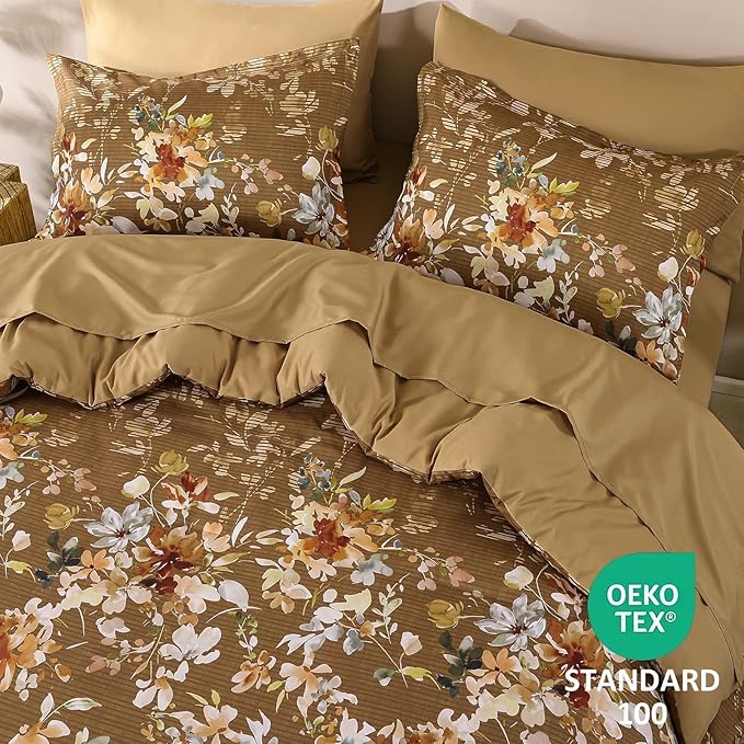 Dobuyly Fall King Size Comforter Set, 7 Pieces Brown Floral Comforter Set, Bed in a Bag King with Botanical Flowers Pattern, Farmhouse Bedding Set with Sheets, Pillowcases & Shams
