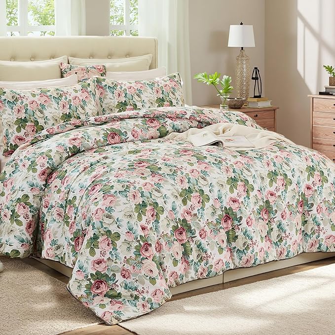 Rose Red Floral Queen Bedding Romantic Girls Comforter Set Soft Botanical Vintage & Country Home Decor for All Season