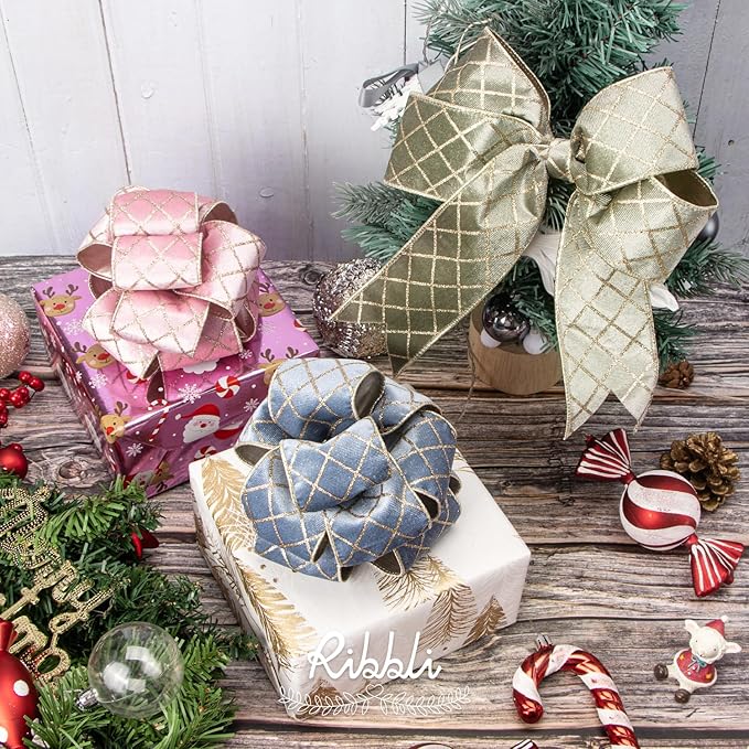 Ribbli Dusty Blue Velvet Ribbon Wired with Glitter Diamond Grid 2-1/2 Inch Christmas Ribbon for Christmas Tree Decoration Big Bow Gift Wrapping Crafts Wreaths Garland Supplies - 10 Yards