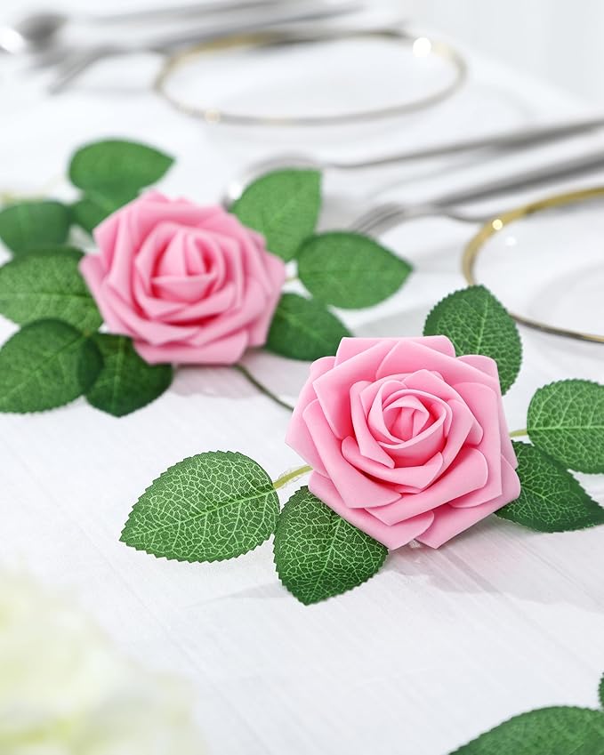DuHouse 50Pcs Artificial Roses Flowers Fake Roses with Stems Real Touch Foam Flowers for DIY Wedding Bouquet Baby Shower Centerpiece Floral Arrangement Party Home Decor(Pink)