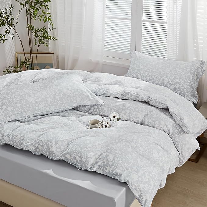 SAPHREAS Silver Grey Duvet Cover Queen 3pcs Soft Microfiber Botanical Plants Printed Pattern Gray Comforter Cover Set with Zipper Ties 1 White Floral Animal Cover 2 Pillow Shams (No Duvet Insert)