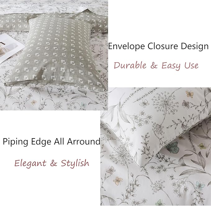 FADFAY Duvet Cover Set Twin Colorful Butterfly Bedding Vintage Botanical Comforter Cover Set Shabby Branches Bedding 100% Cotton Ultra Soft Quilt Cover with Hidden Zipper Closure 3Pcs, Twin Size