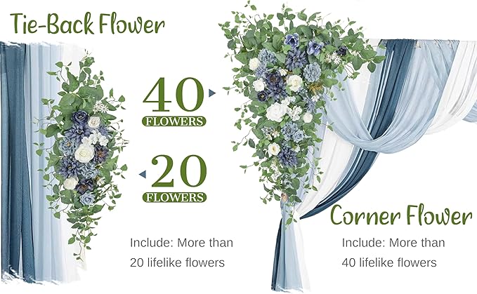 Wedding Arch Flowers with Drapes Kit (Pack of 5) - 2pcs Artificial Dusty Blue & Cream Deluxe Swag with 3pcs Hanging Drapes for Wedding Ceremony Arbor Reception Backdrop Rose Floral Decorations