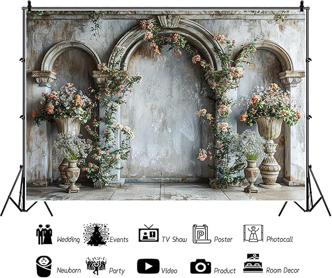 Baocicco 10x6.5ft Flower Castle Wall Photography Background Vintage Arch European Palace Victoria Wall Backdrop Women Themed Party Birthday Decorations Bridal Shower Ceremony Engagement Photoshoot