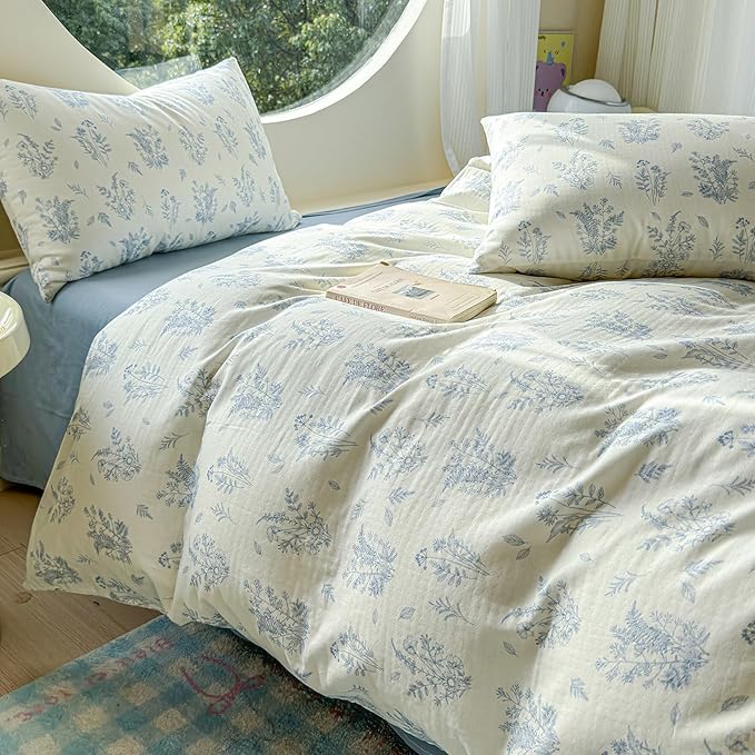LifeTB Muslin Duvet Cover Set Full Vintage Botanical Floral Duvet Cover 100% Cotton Linen Feel Flower Bedding Set Super Soft Gauze Comforter Cover Breathable Lightweight Cottagecore Bedding Set