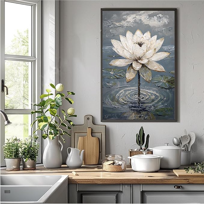 Stunning white lotus emerges from prismatic water with delicate petals background Serene aquatic wall art suitable for modern minimalist decor 8x12in Metal blackFramed