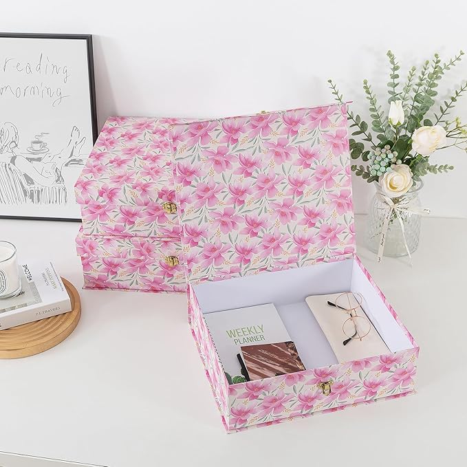 Soul & Lane Pink Floral Cardboard Decorative Storage Boxes with Gold Hardware - Set of 3, Garden Blush - Stacking Boxes with Lids for Home Decor and Organizing, Elegant Design