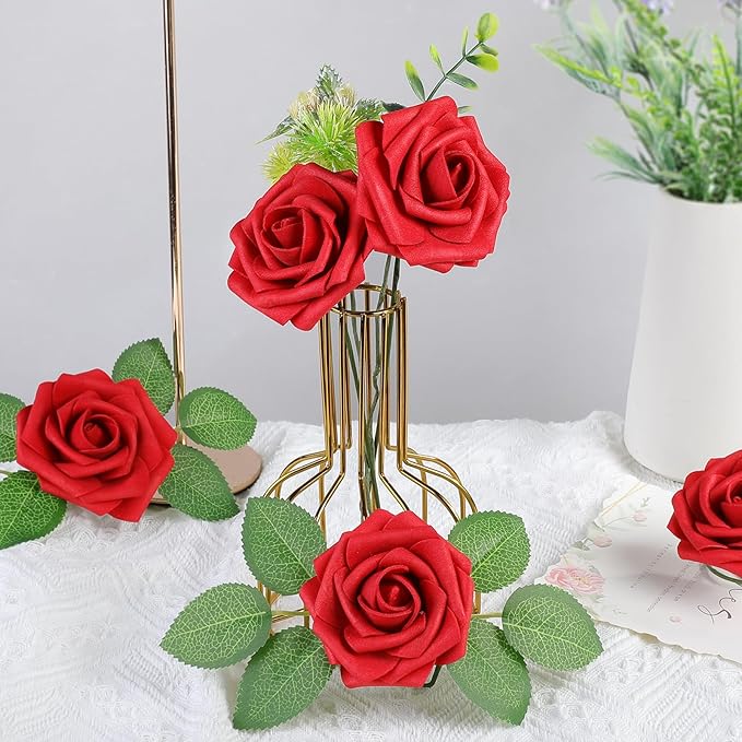 AmyHomie 25pcs Real Looking Artificial Red Roses w/Stem for DIY Wedding Bouquets Centerpieces Arrangements Party Baby Shower Valentines Day Christmas Tree Decorations