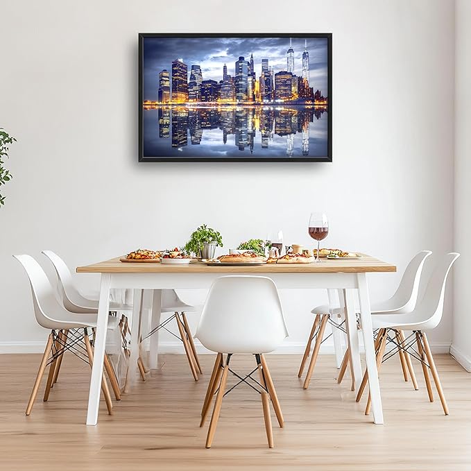 New York City Large Wall Art Framed Wall Decor for Living Room, Manhattan Skyline at Night Pictures Oversized Canvas Print Painting Modern Extra Large Framed Artwork for Bedroom Office 36"x24"
