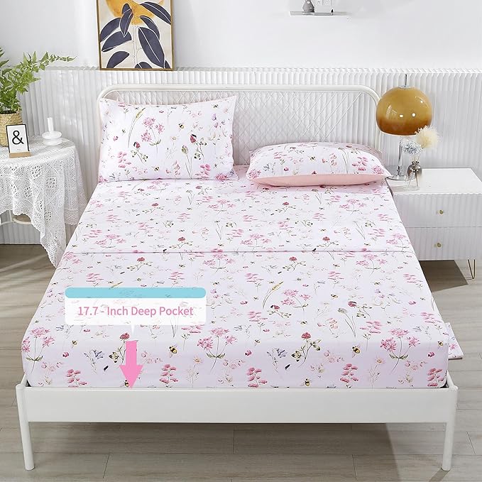 RYNGHIPY Shabby Floral Bees Print Bedding Sheets with Pillowcases, Breathable Egyptian Cotton Bed Sheet Set (Bee,Full Size)