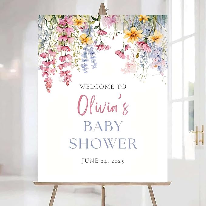 Editable Wildflower Baby Shower Welcome Sign, Personalized Boho Floral Baby Shower Sign, Spring Flowers Theme, Elegant Flower Decorations, Custom Name Signage for Boy or Girl #24