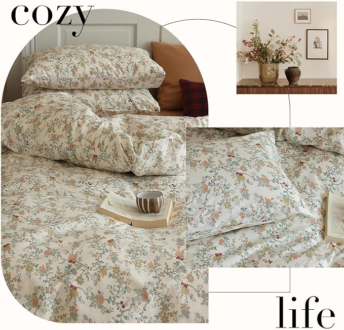 LifeTB Rustic Flower Duvet Cover King Botanical Garden Floral Bedding Set 100% Cotton Vintage Country Style Girls Comforter Cover Flower Branches Pattern Cottagecore Bedding Set King Size