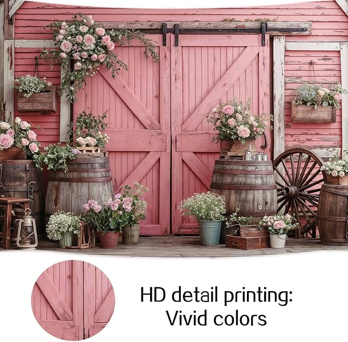 15x10ft Country Wedding Pink Photography Backdrop Rustic Wooden Door Photography Backdrop Farmhouse Flower Western Girl Birthday Baby Shower Wedding Bridal Party Banner Photo Booth Props Background
