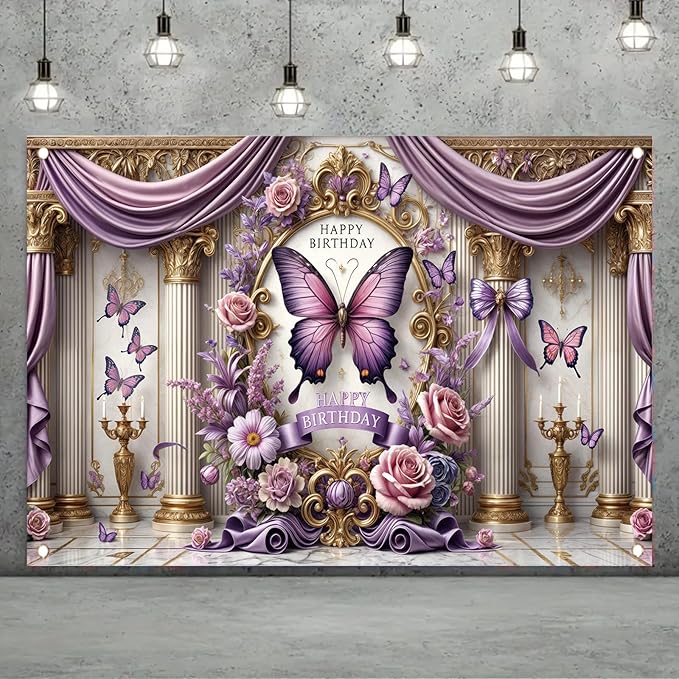 Floral Birthday Backdrop Banner for Girls Spring Butterfly Happy Birthday Photography Background Pink Flower Blossom Plant Pastel Lovely Princess Banner Photo Booth Studio 70.8 x 43.3 Inch
