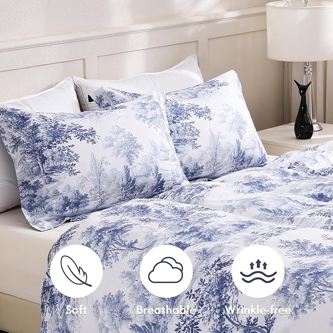 LONAVA King Botaincal 3 Pcs Duvet Cover Set, Breathable Soft Microfiber Navy Lining Comforter Cover with Zipper Closure, and 2 Anti-Pilling, Fade Resistant Pillowcases, Blue Forest