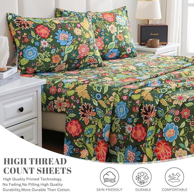 Bedlifes King Sheet Set Ultra Soft, Breathable, Silky Flower Deep Pocket 100% Microfiber Bedding, 4 Piece King Size with Floral Dark Green