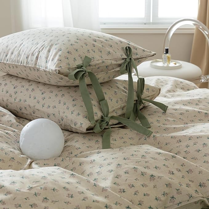 LifeTB Green Floral Duvet Cover Twin XL 3 Pieces Green Blossom Flower Comforter Cover Vintage Floral Cottagecore Bedding Set 100% Cotton Flower Botanical Comforter Cover with 2 Bowknot Pillowcases