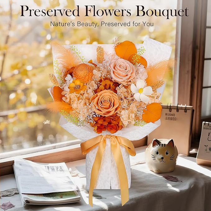 Preserved Flowers Bouquet - Forever Flowers for Delivery, Eternal Roses Bouquet That Last 3 Years, Flower Gifts for Women Mother Mom Girlfriend Wife Anniversary Birthday Present for Her, Light Orange