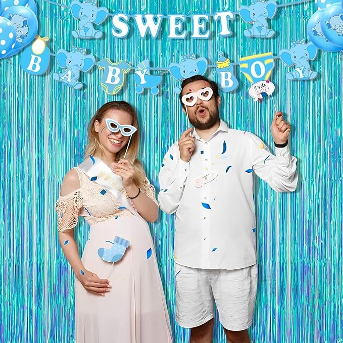 BRAVESHINE Iridescent Blue Foil Fringe Backdrop - 2 Pack 3.2x6.5 ft Holographic Tinsel Streamers Curtains for Christmas/Frozen/Winter’s Snowflake/Birthdays/Mermaid/Sea/Baby Party Decorations