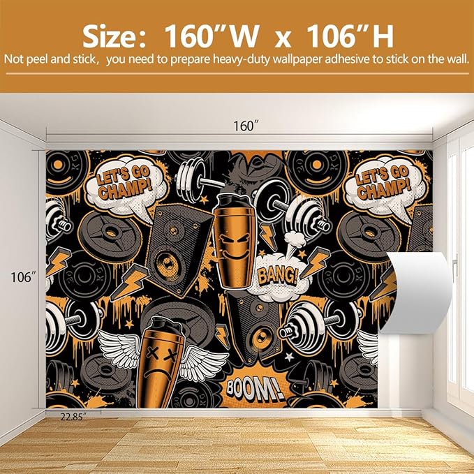 Gym Mural Wallpaper Dark Graffiti Wall Mural for Club Fitness Room Decoration（Not Peel and Stick）