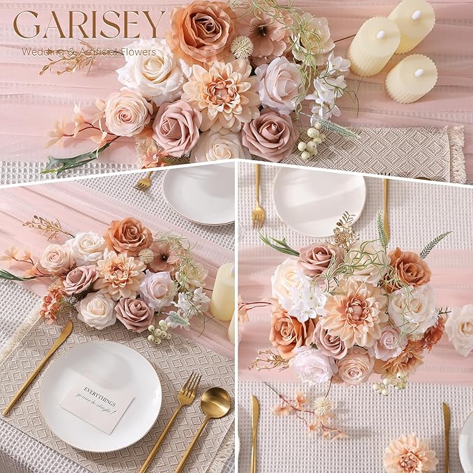Artificial Flowers Combo, Mix Silk Flowers Roses, Peonies, Dahlias with Stems for DIY Wedding Bridal Bouquet, Baby Shower, Table Centerpieces, Home Decor, Fake Floral Arrangements-Boho Nude