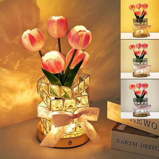 Tulips Flower Lamp,Rechargeable Cordless Touch Table Lamp for Bedroom,3-Colour Dimming Small Night Light,Crystal Bedside Lamps with USB Charge,Birthday Christmas Gifts for Women,Mom (Tulips Flower)