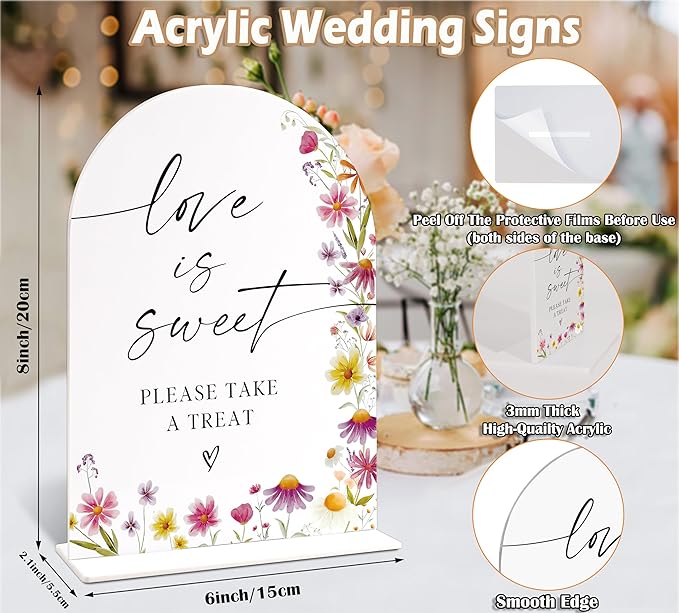 Love Is Sweet Dessert Table Sign, Wild Flower Arch Acrylic Wedding Signs for Reception, Floral Bridal Shower Engagement Party Decor for Baby In Bloom Baby Shower Decorations