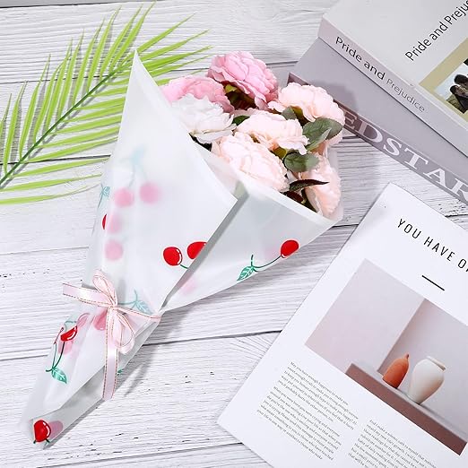 20 Sheets Bouquet Wrapping Paper, 22.4Inch White Cherry Pattern Flower Floral Wrapping White Floral Paper for Bouquets Kit, Waterproof Decorations with Ribbon for DIY Crafts Wedding Birthday Party