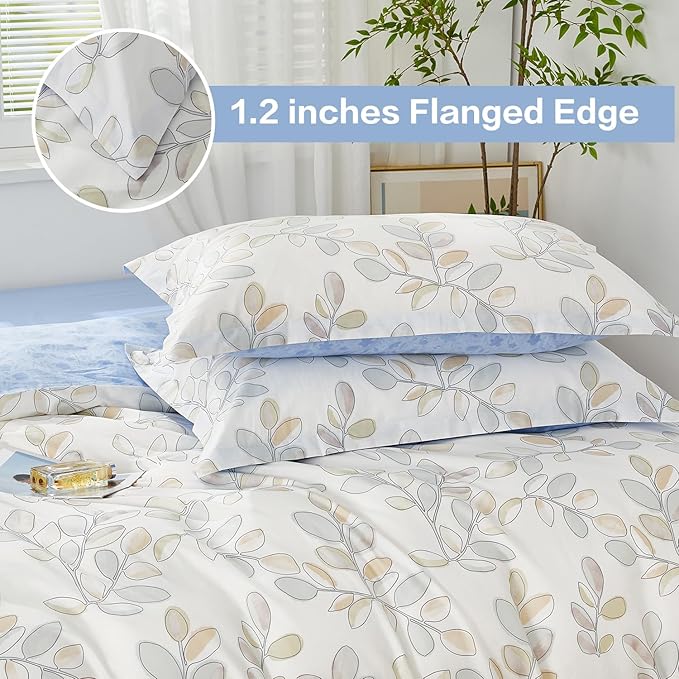 SAPHREAS King Size Botanical Leaves Pattern Duvet Cover 3pcs Blue Leaf Cotton Garden Style Bedding Comforter Cover Set 1 White Quiltuvet Cover 104"x90" 2 Pillow Shams, Comforter Not Included