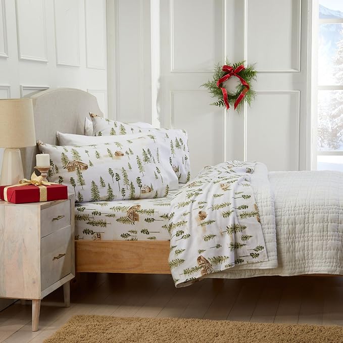 Market & Place 100% Cotton King Flannel Sheet Set | 4 Piece Deep Pocket Novelty Cozy Winter Bed Sheets | Double Brushed for Extra Softness & Comfort | Alpine Collection (King, Watercolor Forest)