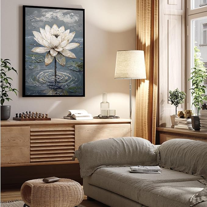Stunning white lotus emerges from prismatic water with delicate petals background Serene aquatic wall art suitable for modern minimalist decor 20x30in Metal blackFramed
