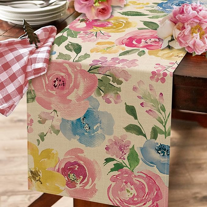 Seliem Spring Summer Watercolor Flower Table Runner, Peony Floral Kitchen Dining Table Decor, Seasonal Burlap Home Decoration Indoor Outdoor Party Supply 13 x 72 Inches