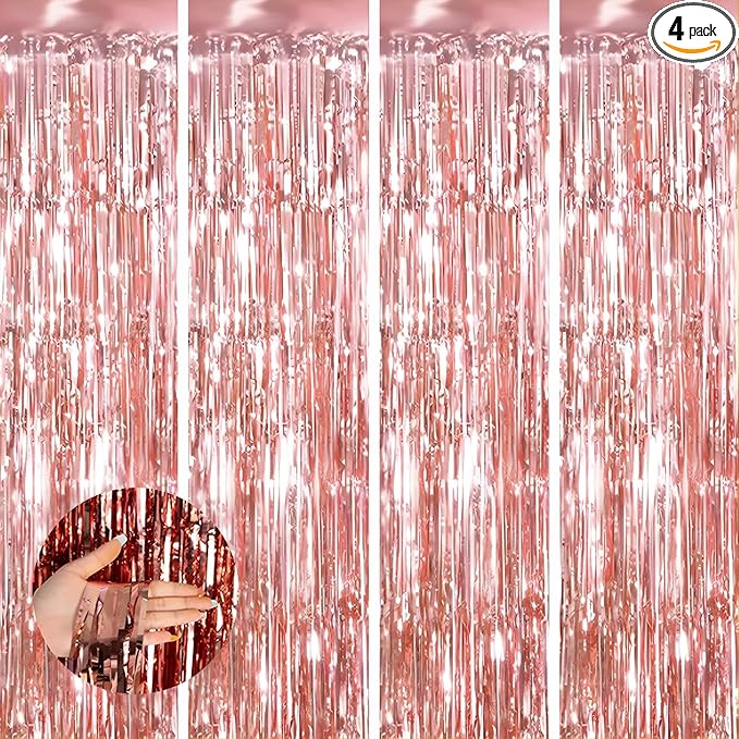 Keyali 4 Pack 3.3 * 8.3 ft Foil Curtain Metallic Tinsel Fringe Curtains Photo Booth Props Backdrop for Birthday Wedding Engagement Baby Shower Christmas Holiday Celebration Partyl,Rose Gold