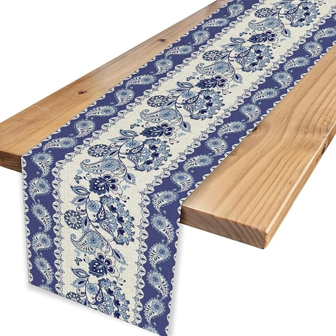 Blue Paisley Table Runner, Rustic Blue Bohemian Damask Exotic Flower Cafe Table Center Decor for Home Kitchen Dining Patio Holiday Party Indoor Outdoor Table Decorations 13x90 inch