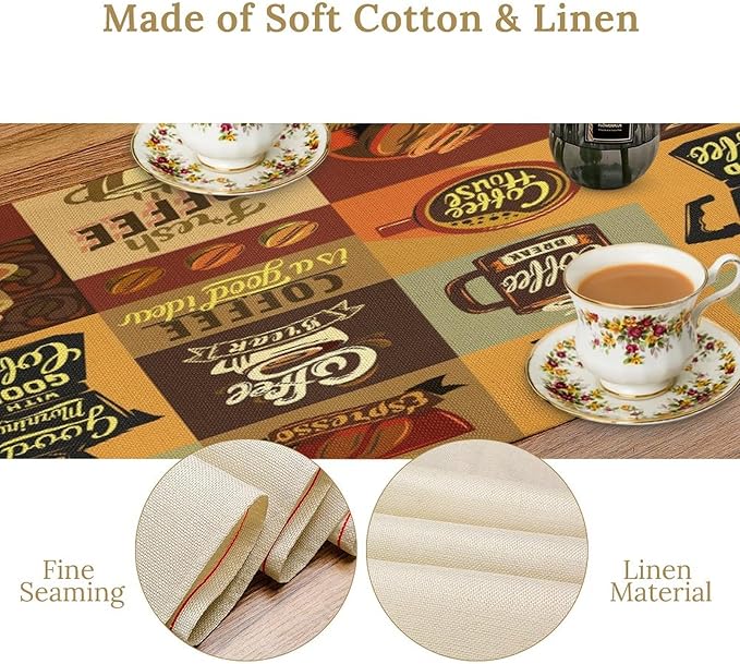 Coffee Table Runner,Vintage Style Coffee Beans Cups Theme Design Pattern Print Tablecloth Burlap for Hotel Indoors Outdoor Dining Room Kitchen Holiday Party, 13x80in