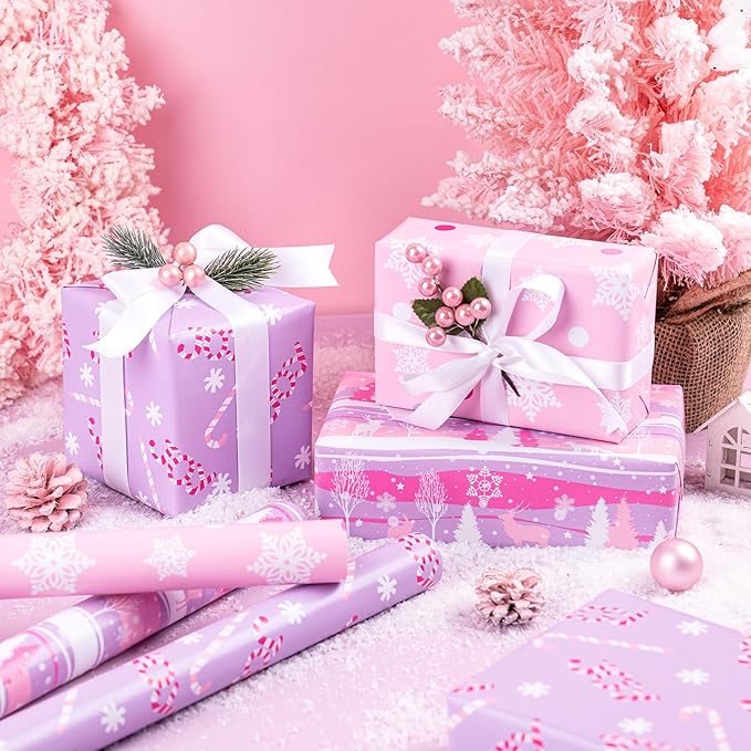 WRAPAHOLIC Christmas Wrapping Paper Roll - Mini Roll - 3 Rolls - 17 Inch X 120 Inch Per Roll - Pastel Pink and Purple Reindeer, Candy Cane with JOY, Snowflake Holiday Collection
