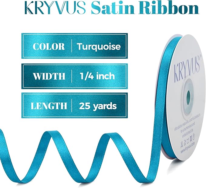 Premium Double Faced Turquoise Blue Satin Polyester Ribbon, 1/4 Inch X 25 Yards, Perfect for Gift Wrapping, Crafts, Wedding Decor, Special Occasions