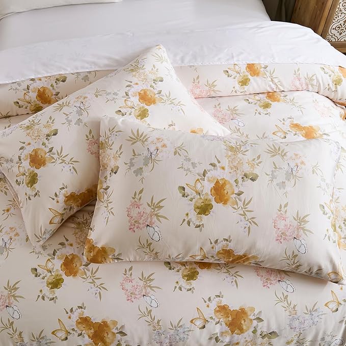 100% Cotton Duvet Cover King Size – Elegent Yellow Floral Duvet Cover Set with Zipper Closure & Corner Ties, 3-Piece Luxury & Silky Soft Bedding Set for All Seasons