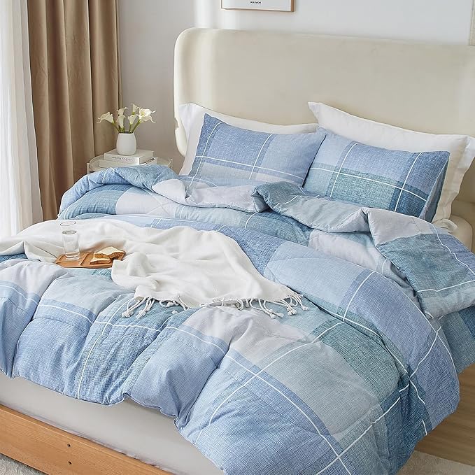 LifeTB Twin XL Comforter Set Blue Checkered Comforter Set for Men Boys Geometric Checkered Plaid Printed Boho Bedding Comforter for All Seasons Fluffy Soft Lightweight Plaid Bedding Set Twin XL