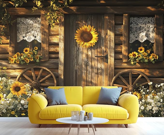 Rustic Cabin Sunflower Wall Mural, Vintage Cottage Door Sunflower 3D Wall Murals, Farmhouse Nature Wallpaper Mural, for Living Room Bedroom Large Wallpaper Indoor Decor 197" W x124.8 H