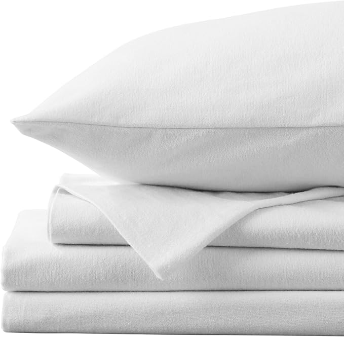 Market & Place 100% Cotton Queen Flannel Sheet Set | 4 Piece Deep Pocket Solid Cozy Winter Bed Sheets | Double Brushed for Extra Softness & Comfort | Chalet Collection (Queen, White)