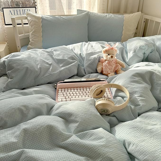 LifeTB Blue Gingham Duvet Cover Full 3 Pieces Blue Plaid Comforter Cover with Chic White Lace Soft Microfiber Checkered Grid Duvet Cover with 2 Pillowcases Breathable Gingham Plaid Bedding Set