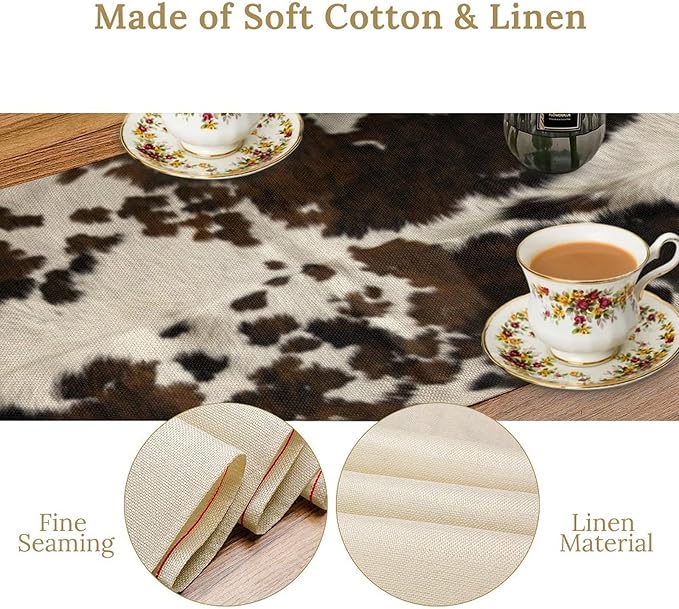 Cow Print Table Runner, Brown Cowhide Print Western Style Table Runner Country Farmhouse Cottage Cow Patten Table Decoration for Home Kitchen Dining, 13x108 Inch