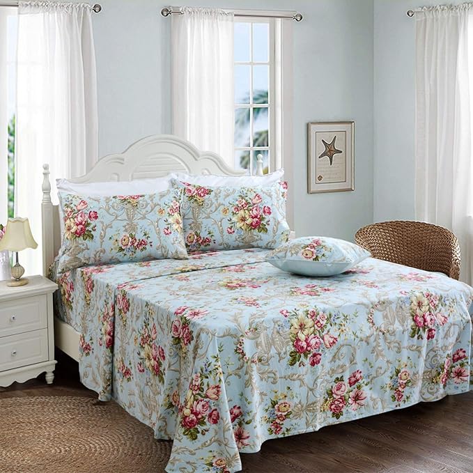 FADFAY Shabby Floral Bedding Elegant Peony Sheets Set Luxury Bedding Collections 100% Egyptian Cotton Deep Pocket, 4 Piece-King Size