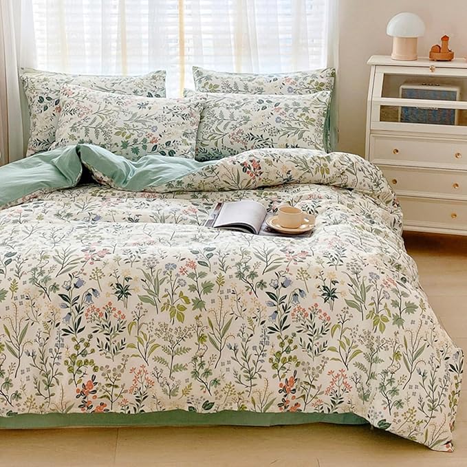 HighBuy Lightweight Duvet Cover Twin Multi Color Flowers Bedding Set Kids Girls Vintage Botanical Chic Cotton Comforter Cover Peach Green Floral Bedding Sets Twin Girls Duvet Cover Set