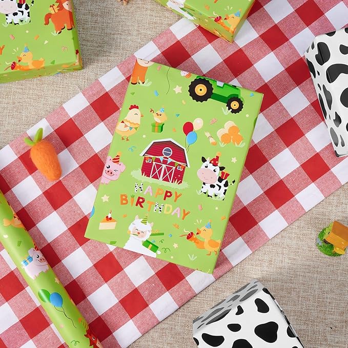 WERNNSAI Farm Animal Wrapping Paper - 1 Roll 17” x 16.4 ft Green Farm Gift Wrapping Paper for Kids Birthday Baby Shower Animal Gift Packing Decoration Supply Reversible Cow Prints Design