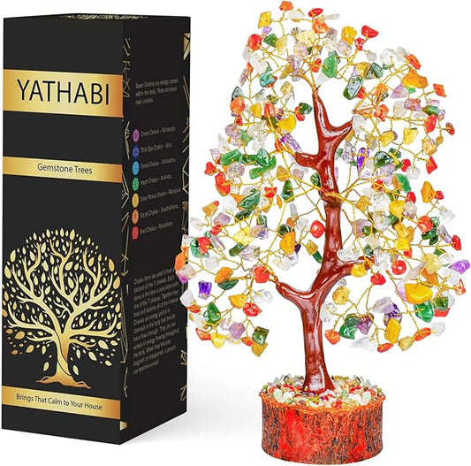 YATHABI Chakra Tree Sculpture - Mix Chakra Golden Wire Crystal Bonsai Tree - Positive Energy, Meditation Decor, Spiritual Gift