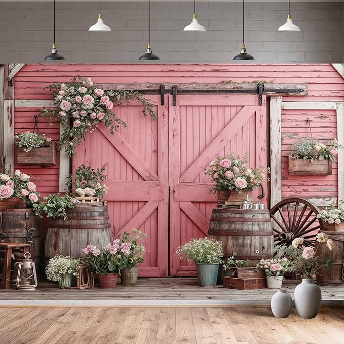 15x10ft Country Wedding Pink Photography Backdrop Rustic Wooden Door Photography Backdrop Farmhouse Flower Western Girl Birthday Baby Shower Wedding Bridal Party Banner Photo Booth Props Background