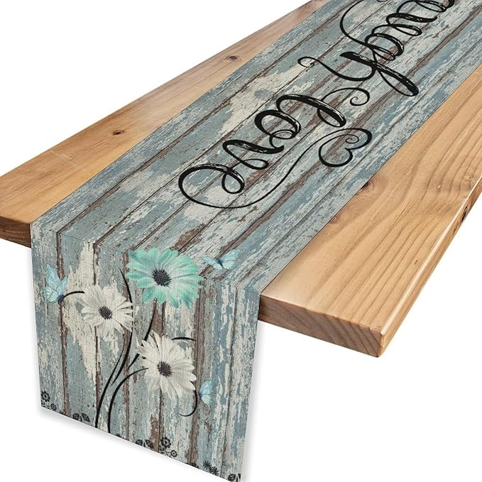 Daisy Floral Table Runner, Rustic Seasonal Spring Wild Flower Rustic Blue Wood Farmhouse Table Center Decor for Family Kitchen Farmhouse Holiday Party Table Decorations Indoor Outdoor 13x90 inch